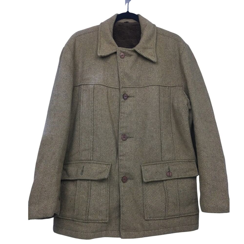 VTG 60s Style Barn Chore Coat Wool Herrigbone Tweed Quilted Flap Pockets Size 42